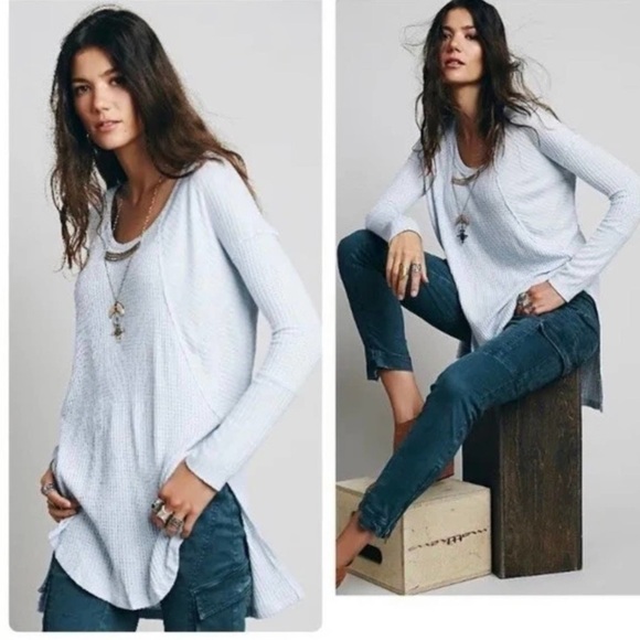 Free People Ventura Thermal Top Sky Blue Waffle Knit Long Sleeve High Low - Picture 1 of 6